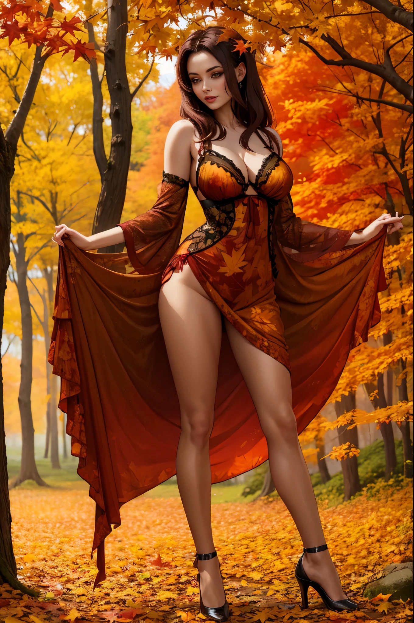 autumn dryad, full-body shot, gorgeous woman, autumn colours, leaf dress, lingerie