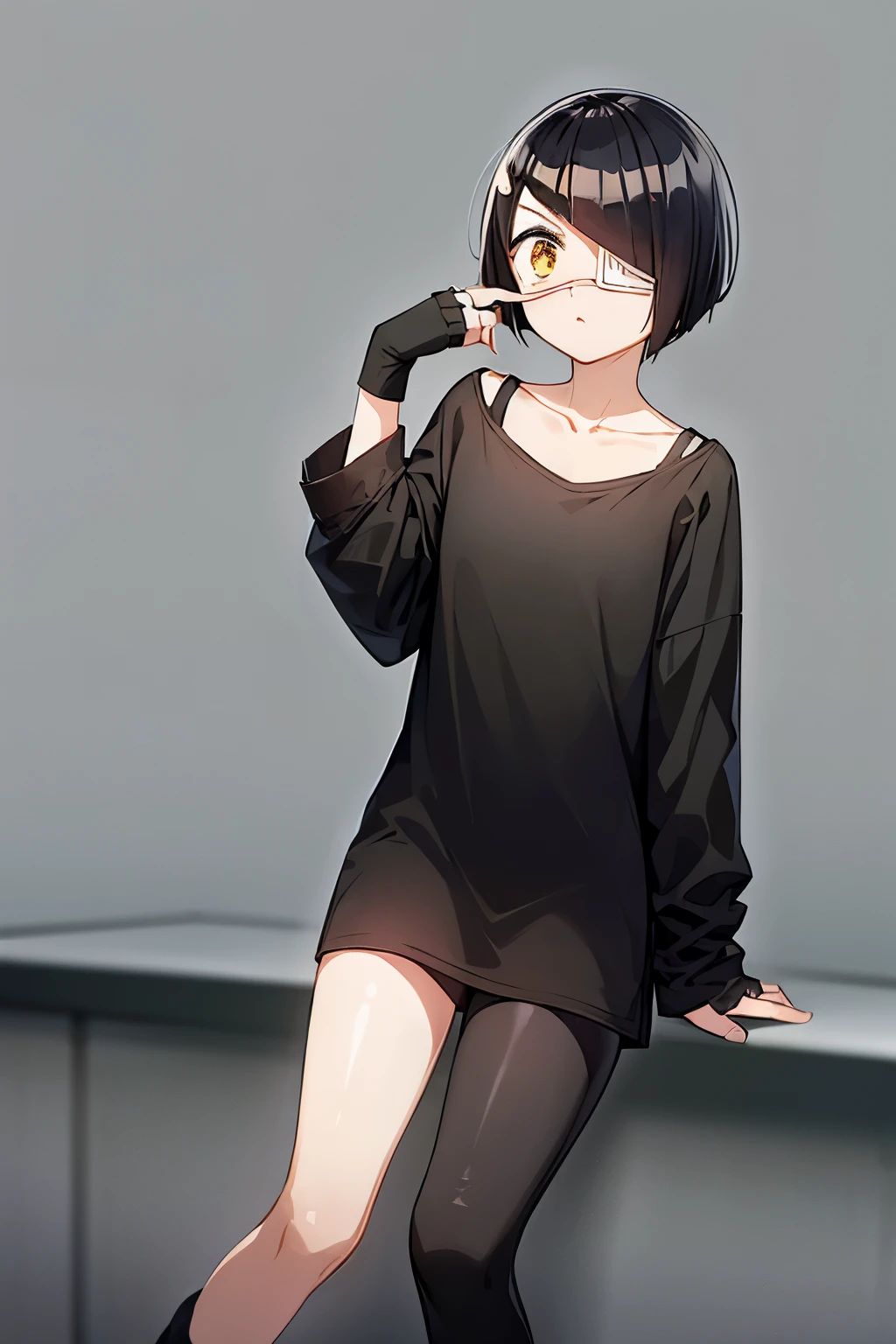 girl, nakanaka_omoharu, black hair, short hair, flat chest, golden eyes, white eye patch, casual outfit, black shirt, oversized shirt, fingerless gloves, black socks