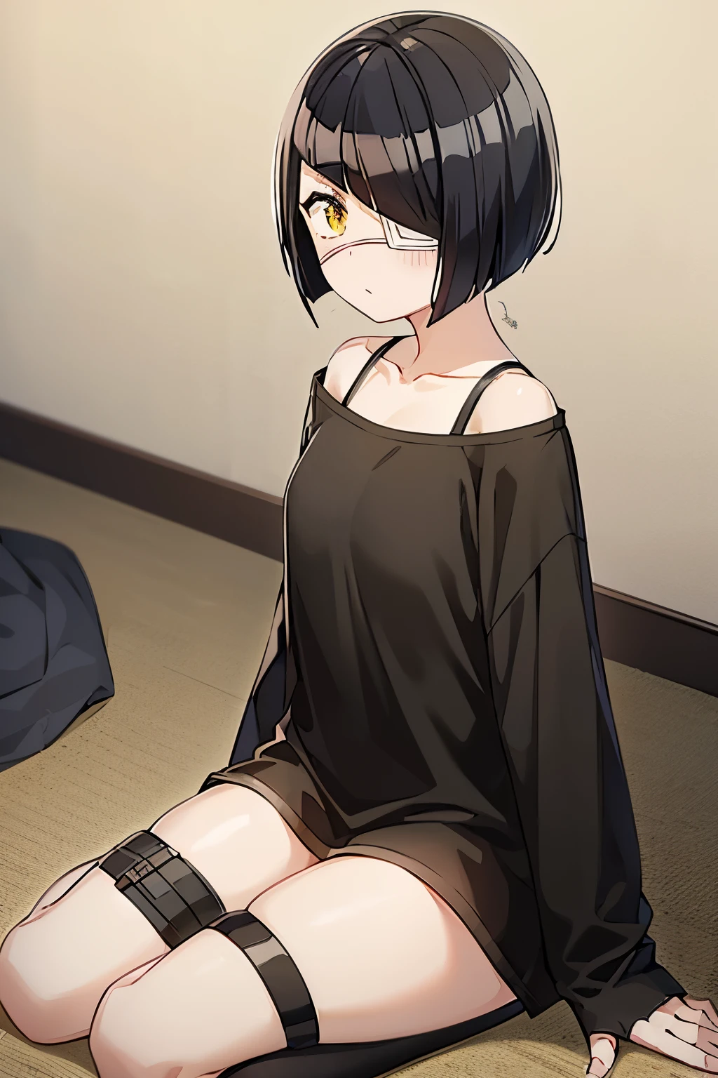 girl, nakanaka_omoharu, black hair, short hair, flat chest, golden eyes, white eye patch, casual outfit, black shirt, oversized shirt, fingerless gloves, black socks, bare shoulders