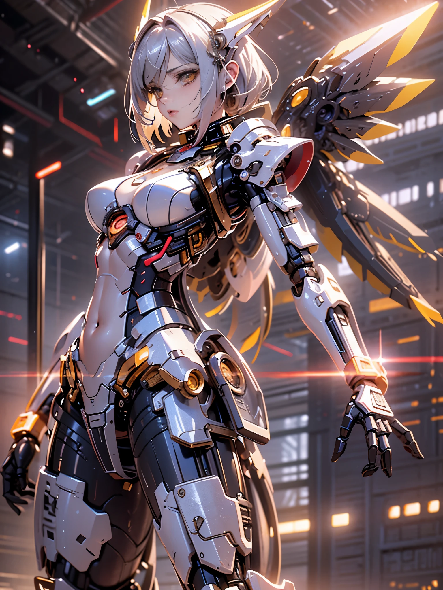 best image quality,excellent details,ultra high resolution,(fidelity:1.4),best illustrations,focus on details,daughter,Mecha wing,The background is the coast,((sunny day)),beauty of android、Silver-haired medium bob、19 years old、Neat and detailed facial features、beautiful girl、Full mechanical armor based on white and red、(Bare skin of chest and thighs exposed:1.2”)(inorganic mechanical wing:1.1)Cyberpunk characters,(model pose:1.3)