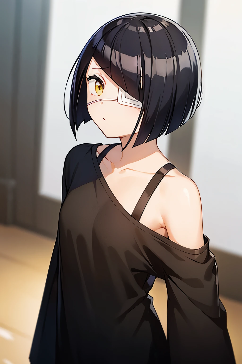 girl, nakanaka_omoharu, black hair, short hair, flat chest, golden eyes, white eye patch, casual outfit, black shirt, oversized shirt, off shoulder, fingerless gloves, black socks