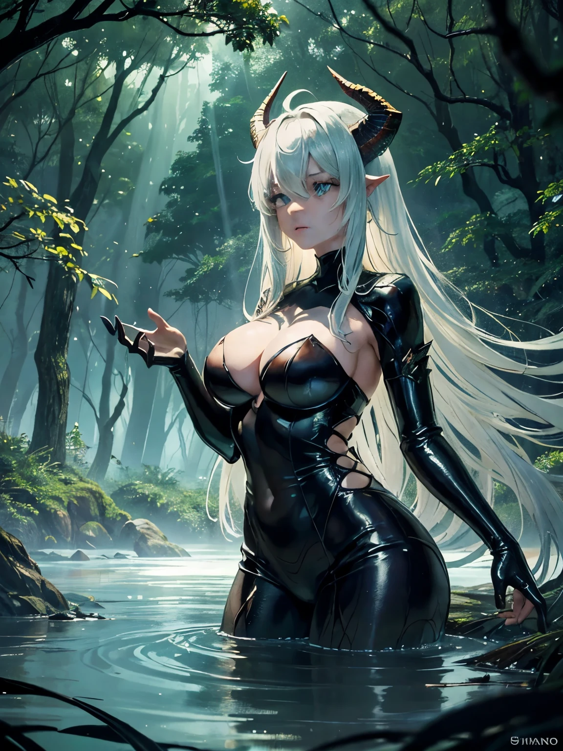 A young woman, submerged in a swamp, reaches out to touch the head of a dragon helping her out of the mud. The dragon has detailed scales, sharp horns and intense eyes, giving it an imposing but majestic appearance. They are surrounded by a dark and mysterious forest with twisted branches and a misty background, which adds an element of mystery and danger. 