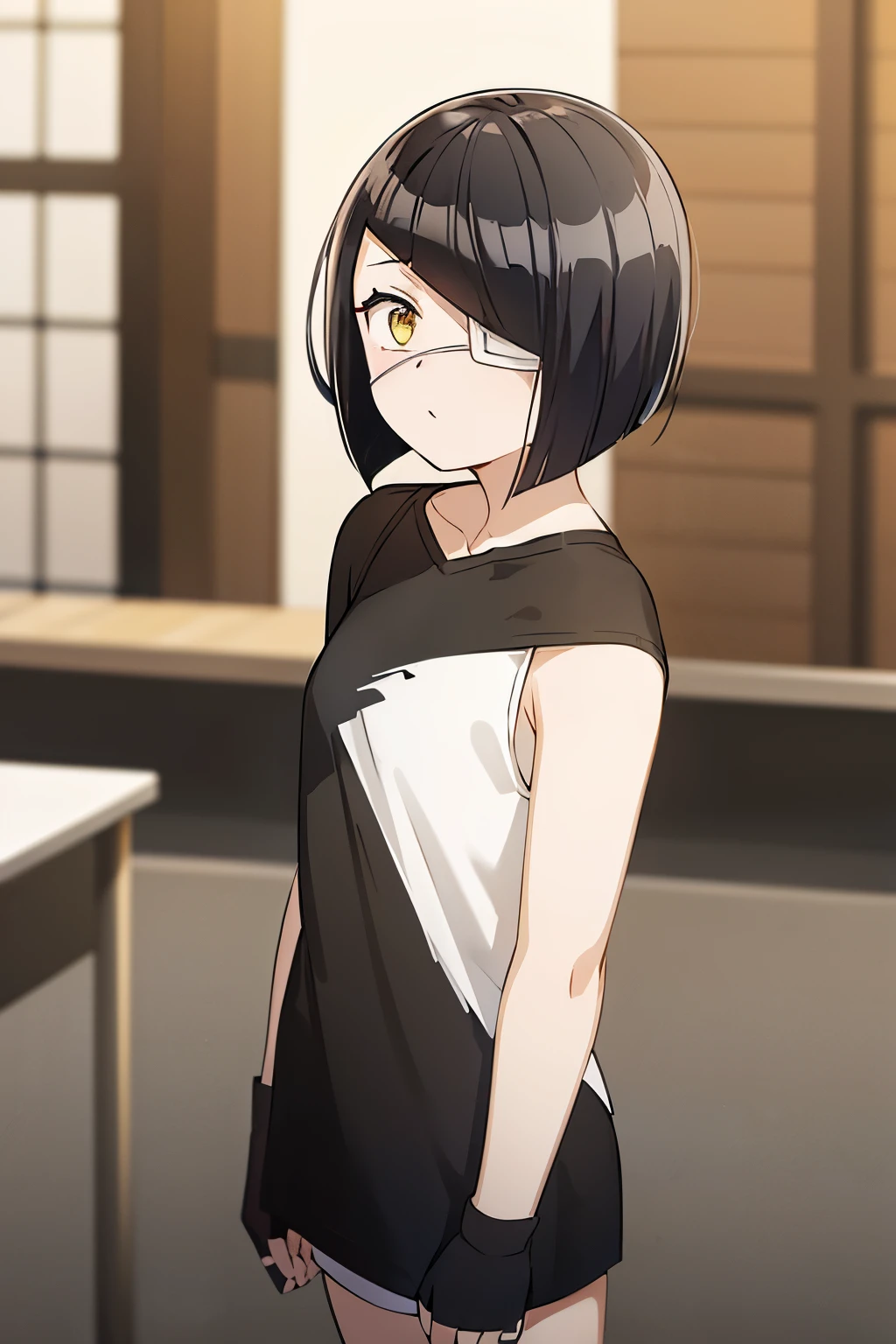 girl, nakanaka_omoharu, black hair, short hair, flat chest, golden eyes, white eye patch, casual outfit, black shirt, oversized shirt, fingerless gloves, black socks, bare shoulders