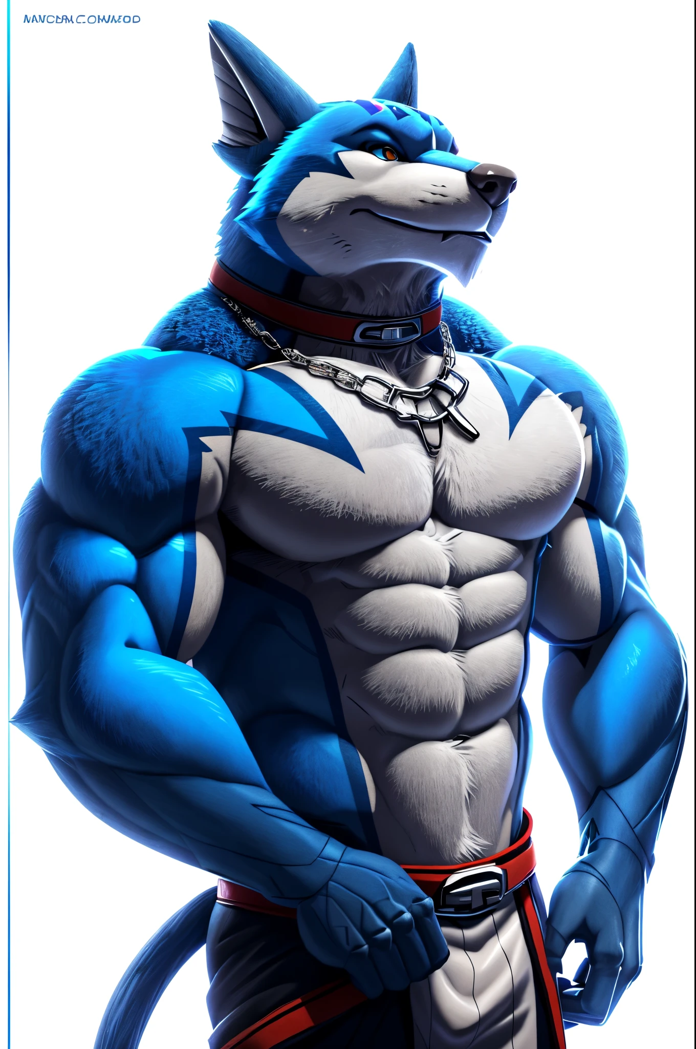doggiekruger, blue fur, 4k, high resolution, best quality, posted on e621, solo, male, adult, masculine, muscular, (white background, no background:1.1), (by wfa:1.0), (by negger:1.0), (detailed face, detailed eyes:1.1), (cel shaded:1.2), cartoony shading, comic color style