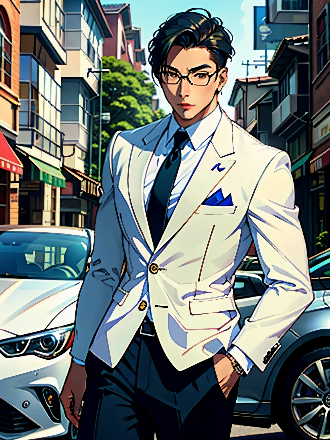Asian male model, striding confidently on the bustling street, clad in a tailored business suit, exuding an air of sophistication and charm. The sunlight softly illuminated his features, bringing out the rich, intricate details of his perfectly-sculpted physique and flawlessly smooth, Asian skin. His piercing gaze, framed by thick, luscious lashes, captured the attention of passerby.

The wedding car, parked at the curb, was a sight to behold - a top-quality masterpiece, gleaming under the sunlight with its pristine, immaculate finish. The sleek lines and curvaceous contours of the vehicle were accentuated by