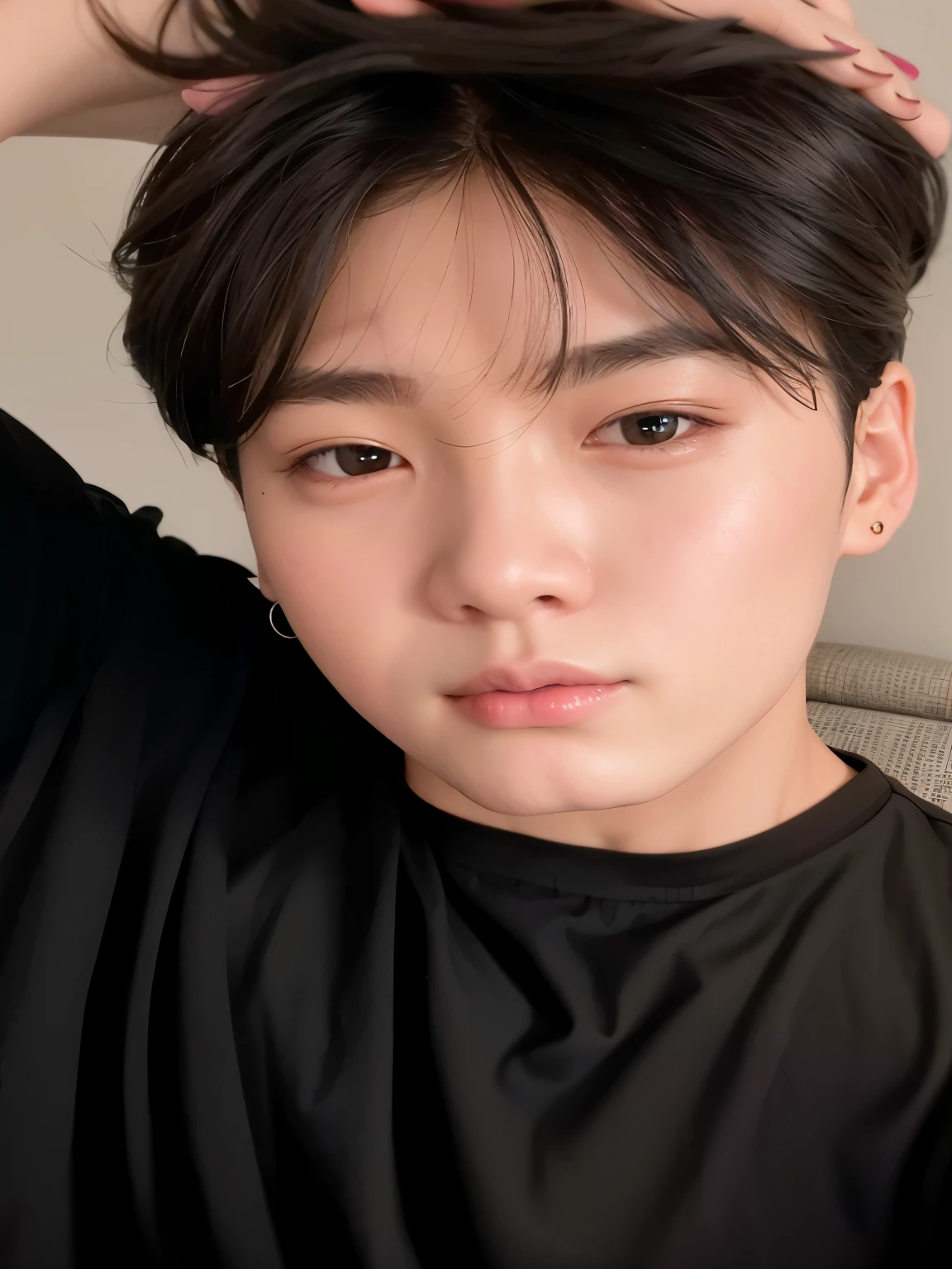 a close up of a person with a black shirt on, kim doyoung, jungkook, cai xukun, jung jaehyun, wan adorable korean face, taejune kim, jinyoung shin, hyung tae, headshot profile picture, wonbin lee, shin jeongho, jimin\'s right eyelid swollen, hong june hyung, sakimichan