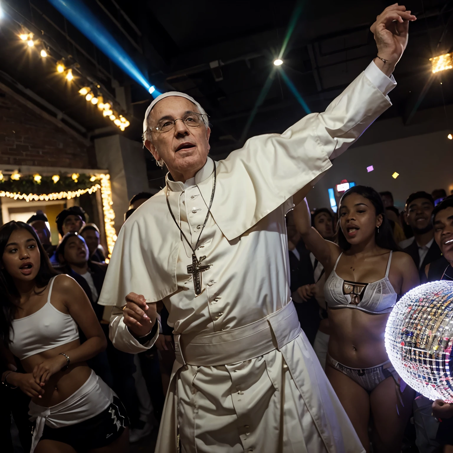 The pope dancing in a college party. A lot of lights of all color.