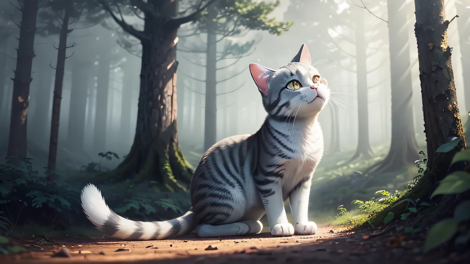 um triste gato cinza e branco, fallen in a forest, looking at the sky, estilo disney pixar