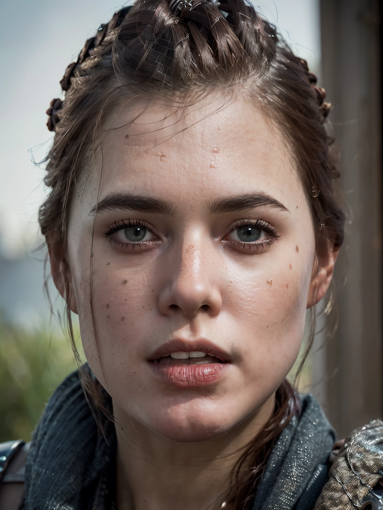 (((Photorealistic))), Photo, high quality, (ultra-detailed face and eyes: 1.4),(Based on the game the plague tales), ((Photorealistic)), Photo, cinematic, intricate frame, 1 girl, ((Amicia from the game the plague tales)), ((medieval ruined city)), it&#39;s raining, ((ultra detailed)) full length