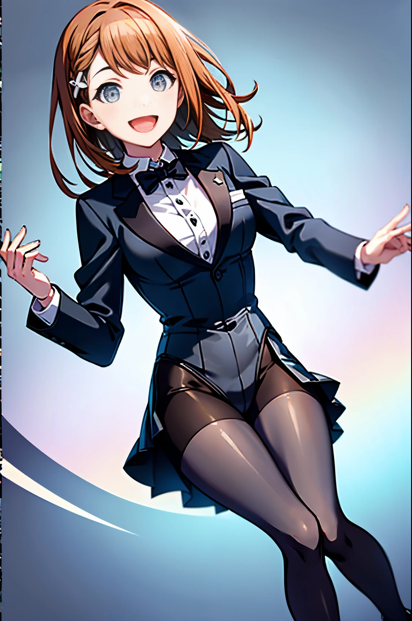 minori3rd, medium breasts, solo, magician, (tuxedo, leotard), (smile, open mouth), (solid black tights, pantyhose)