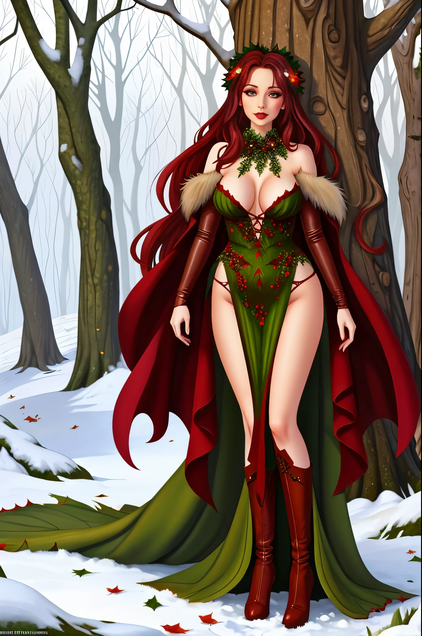  winter dryad, full-body shot, gorgeous woman, winter colours, leaf dress. y, lewolly