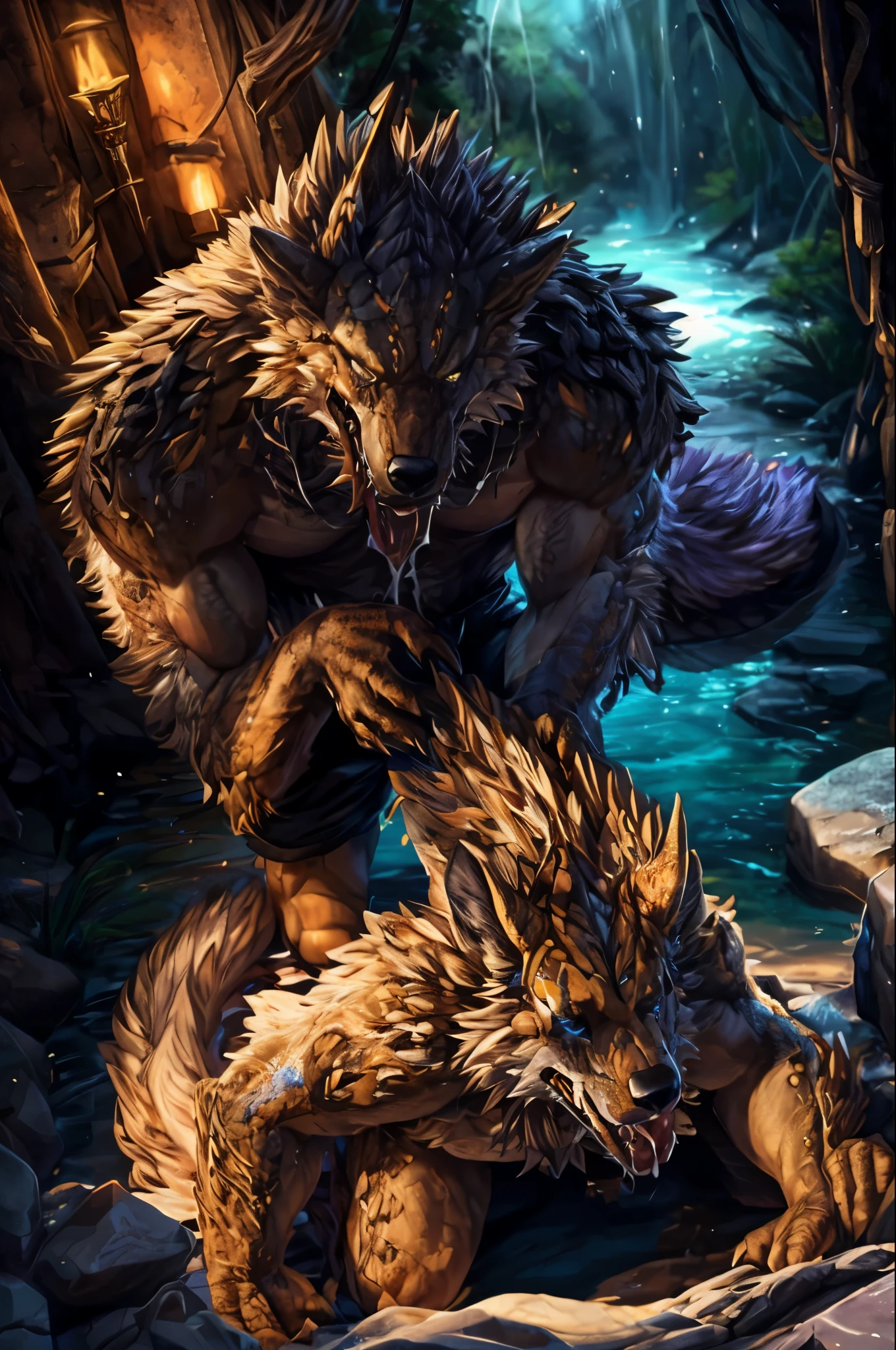 shaded, excellent quality, insanely detailed, phenyanyanya, honovy, marjani, personalami, hioshiru, male, muscular male, looking at viewer, animal genitalia, saggy balls, spread legs, canine penis, knot, big balls, white pupils, cave, dungeon, inside, rock, darkness, underground, glowing eyes, feral, quadruped, standing, paws, wolf, open mouth, teeth, all fours, tongue out, long tongue, hyper muscle, leaking precum, angry skull head, malo, mammal, canid, canine, bone, skull, fur, hair, genitals, black body, nipples, solo, black fur, black hair, digital media (artwork), monster