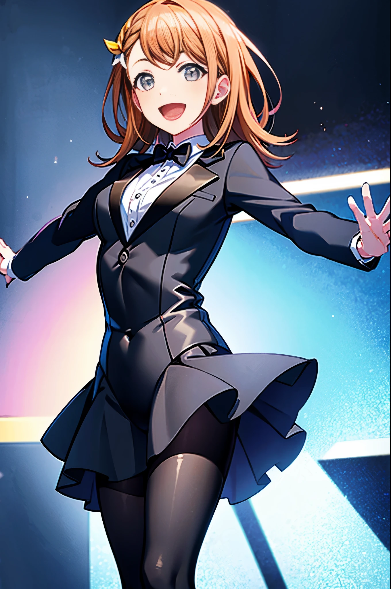 minori3rd, medium breasts, solo, magician, (tuxedo, leotard), (smile, open mouth), (solid black tights)