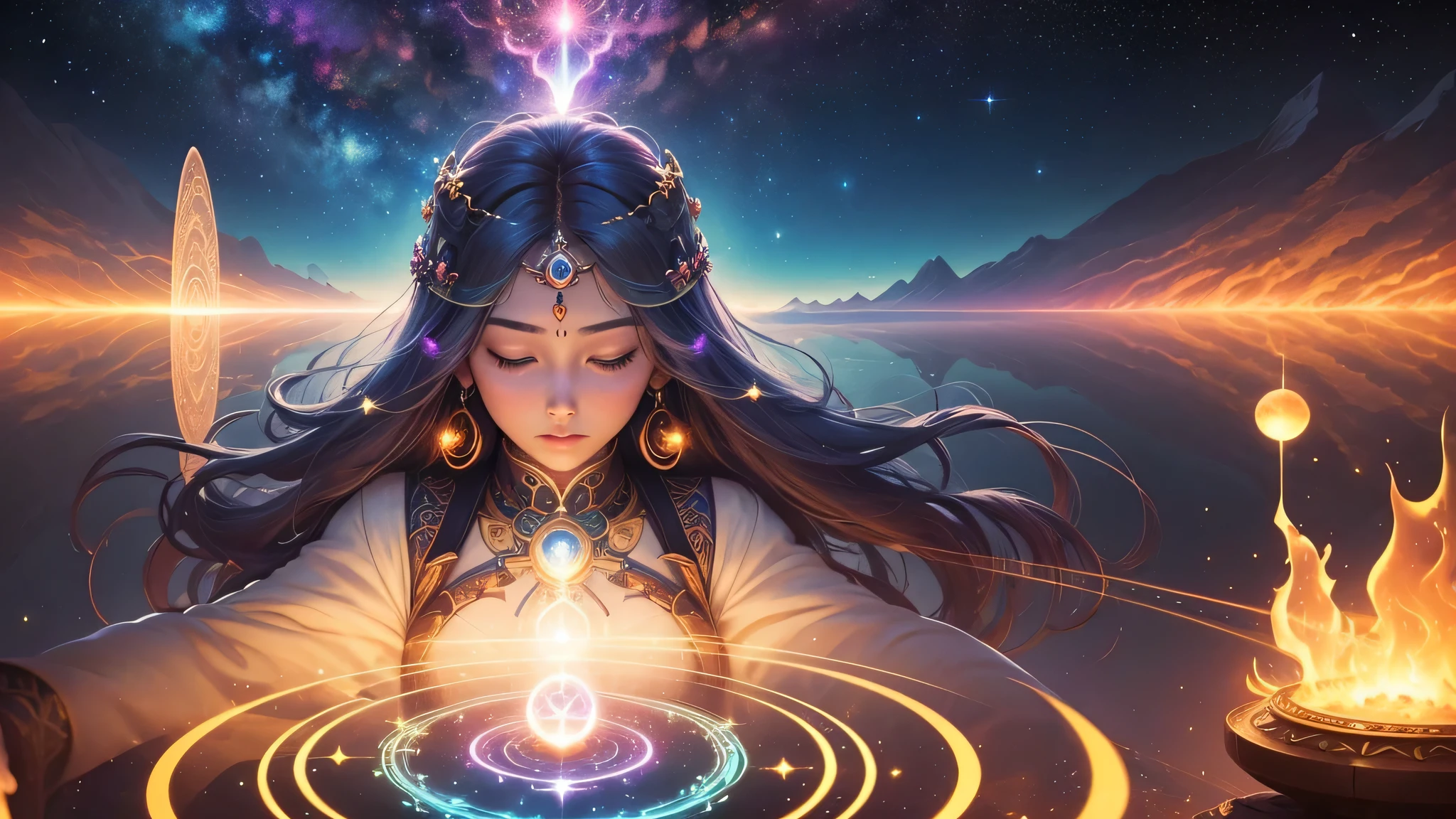 (highest quality,4k,Super detailed,bright colors),(超realistic,realistic:1.37),existence of the universe,harmonizer,gather in a circle,bright colorsの光を発する,Holographic Body,Transparent and fantastic,great heavenly power,resonant frequency,intertwined energy chains,shining aura,existence of another world,diverse shapes and forms,supernatural essence,peaceful and calm atmosphere,Harmony and balance of the universe,intergalactic conference,transcendental connection,starry sky background,Arrangement of nebulae and galaxies in the universe,Fantastic space landscape,amplified energy field,illuminate the surroundings,cosmic energy vortex,shining rays,blend with the universe,Knowledge and wisdom of the infinite universe,transcendental communication,infinite love and compassion,manifestation of universal truth,illumination of the soul,harmonious vibrations,cosmic illumination,Expanding awareness,color spectrum,mystical runes and symbols,create a heavenly symphony,In the universe、goddess