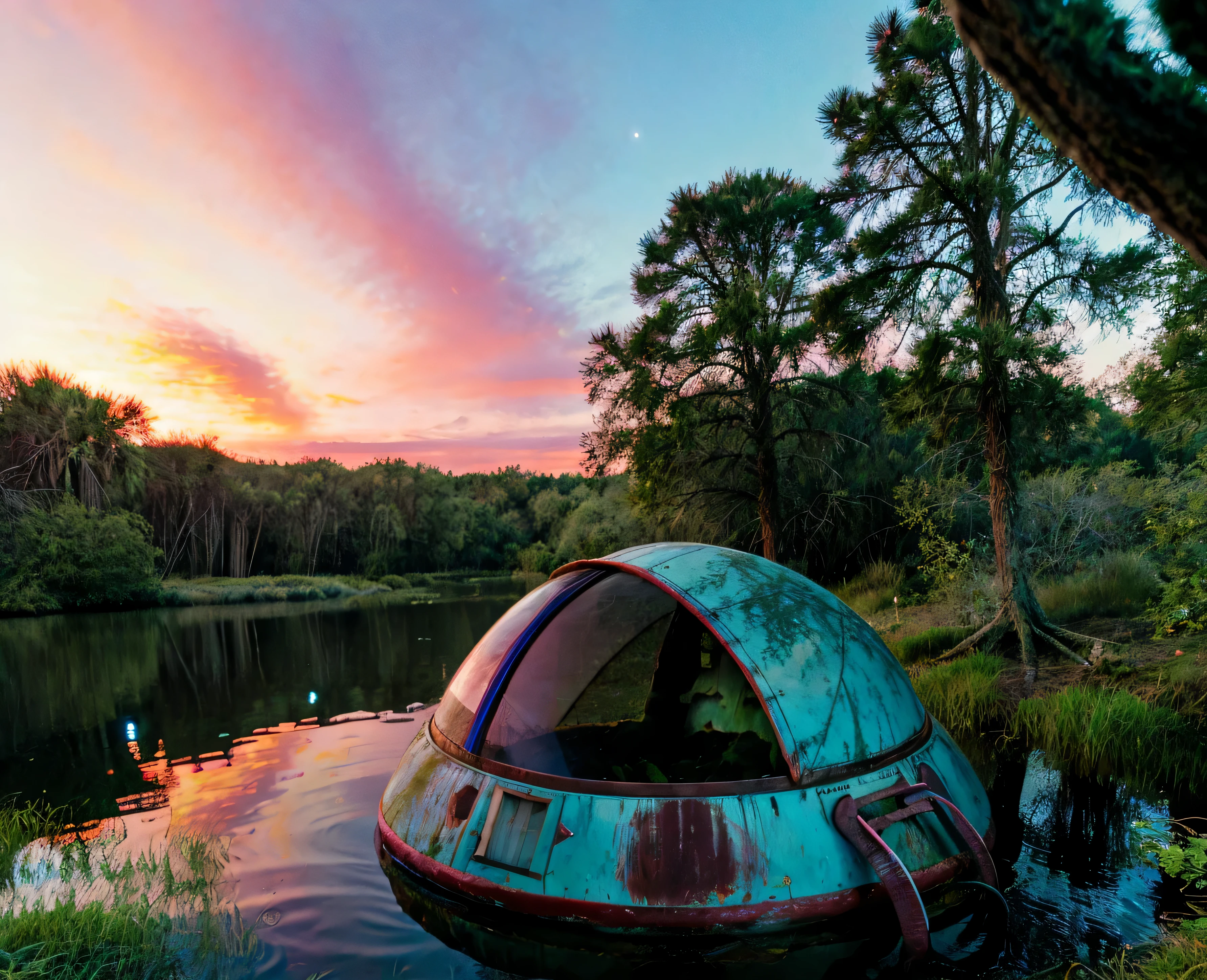 analog photo, there is a small (space ship) that is sitting in the swamp, sauropod dinosaurs grazing nearby not noticing the ship, sunrise, peaceful, (retrofuturism), brontosaurus long-neck, (crashed ufo), abandoned ship, high saturation