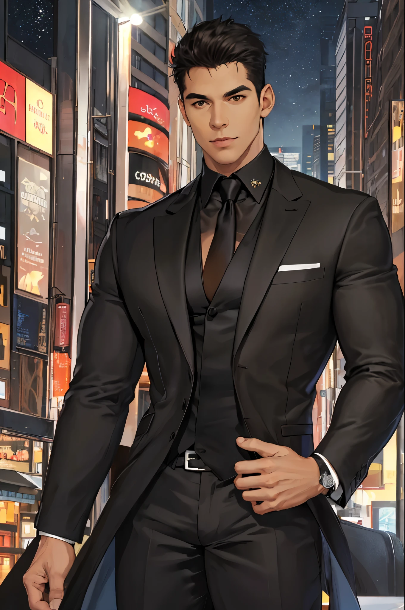 (absurdres, highres, ultra detailed, realistic, ), 1 male, solo, Black Man adult, mature, tall muscular guy, broad shoulders, handsome, very short hair, black hair, brown eyes, angular jaw, thick neck, thick eyebrows, night, dark, the night view of the city background, formal suit, necktie, upper body