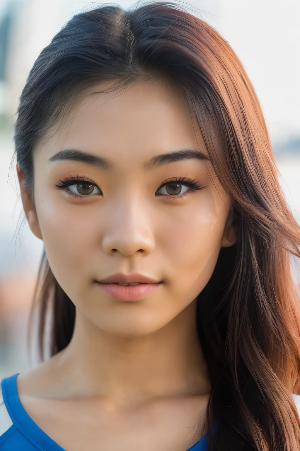 (close-up, editorial photograph of a 21 year old Japanese woman fitness model), (highly detailed face:1.4) (smile:0.7) (background outdoors POV, by lee jeffries, nikon d850, film stock photograph ,4 kodak portra 400 ,camera f1.6 lens ,rich colors ,hyper realistic ,lifelike texture, dramatic lighting , cinestill 800, professional makeup