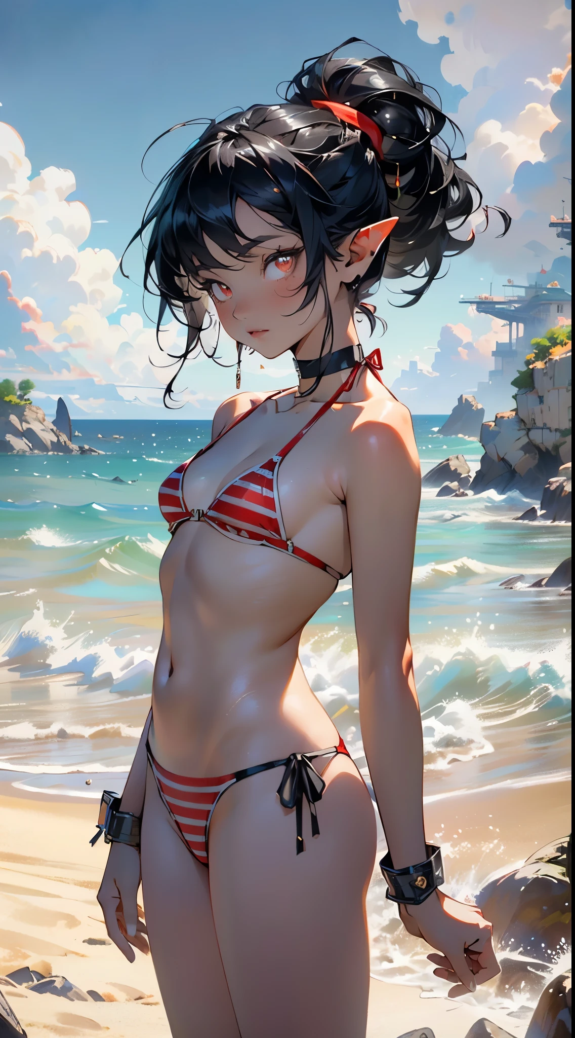 cute elf ,girl, 1girl,(((tiny little body,small))),(((26 years old))),((anime elf with extremely cute and beautiful black hair)),(((elf, elf ears))),
(((flat chest))),((((black hair:1.35,ponytail braid hair,colored inner hair,ear breathing)))),(((red_eyes:1.3))),intricate eyes,beautiful detailed eyes,symmetrical eyes,big eyes:1.5,(((lustrous skin:1.5,bright skin: 1.5,skin tanned,shiny skin,very shiny skin,shiny body,plastic glitter skin,exaggerated shiny skin,illuminated skin))),(delicate detailed fingers,detailed body,detailed arms,human hands,(detailed face)),
cute,slutty,erotic,daring,nsfw,
((red bikini:1.5,striped bikini:1.5,white and red stripes)),revealing clothing,show skin,(semi-naked),(choker,wrist cuffs),((intricate outfit,intricate clothes))),
(dynamic pose:1.0),embarrassed,(centered,scale to fit dimensions,Rule of thirds),
((Sky, Sea, clouds,)), with dark stormy clouds,((beach scenery,intricate scenery)),
(Glossy winter ornaments),highres,sharp focus,(ultra detailed,extremely detailed),(photorealistic artwork:1.37),(extremely detailed CG unity 8k wallpaper),(((vibrant colors,vibrant theme))),(intricate),(masterpiece),(best quality),