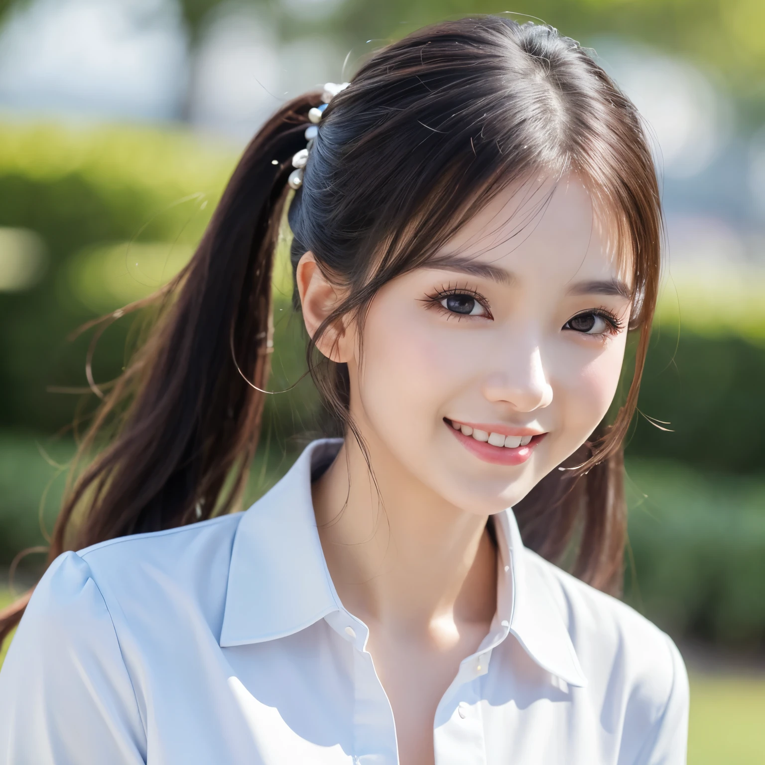 (highest quality、table top、8k、best image quality、Award-winning work)、1 beautiful 、alone、perfect beautiful composition、(polyester uniform shirt:1.1)、(Unbutton all the buttons on your shirt to completely expose your chest:1.1)、(very small naked breasts exposed:1.1)、(expose small flat chest:1.1)、pleated skirt、(The most natural and perfect twintails:1.1)、(Thick wave twintails:1.1)、slender body、the best smile when you look at me、(strongly blurred park background:1.1)、natural makeup、Ultra high definition beauty face、ultra high definition hair、Super high-definition sparkling eyes、(Pure white skin shining in ultra-high resolution:1.1)、Super high resolution glossy lips、accurate ???????、ultra high definition hair、(very bright:1.1)、(close up of face:1.3)