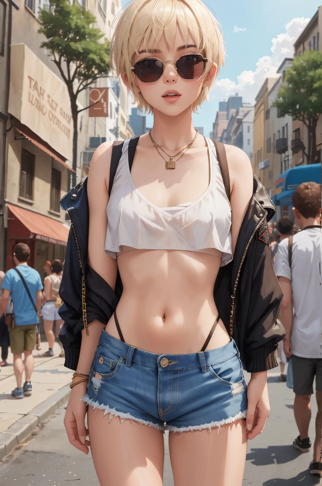 ((smaller head)), photo of a woman with pixie haircut, 8k uhd, crop top, unbuttoned cutoff shorts, dslr, high quality, ((flat chest)), , (crowded street:1.1), sunglasses, thong