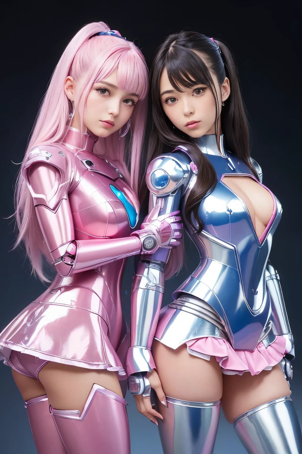 (highest quality ,High resolution,masterpiece:1.2), Super detailed, realistic:1.37, (perfect anatomy), visible all over,two girls ,A cute and perfect 22 year old French female idol (pop robot 1.3),smile,natural look, beautiful eyes,small face, visible all over, detailed facial features, thin hair, detailed costume, wonderful eyes, beautiful lips、long hair ponytail, (One wears a shiny pink super robot suit and a frilly miniskirt.:1.3), (The other one is、Detailed blue tight shiny robot suit and ruffled miniskirt:1.3)