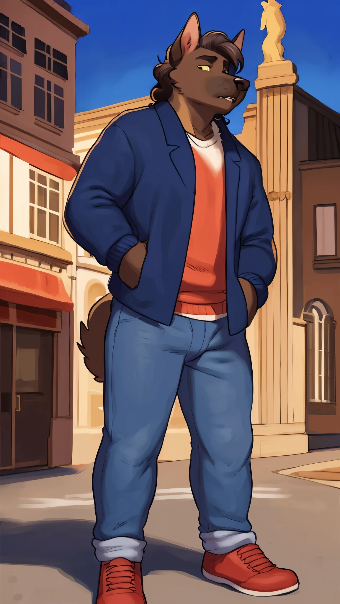 By glitter trap boy, by meesh, by bebebebebe, solo, male, canine, ((snout, hair)), standing, belgian malinois, wavy hair, italian city, jacket, shirt, jeans, gucci