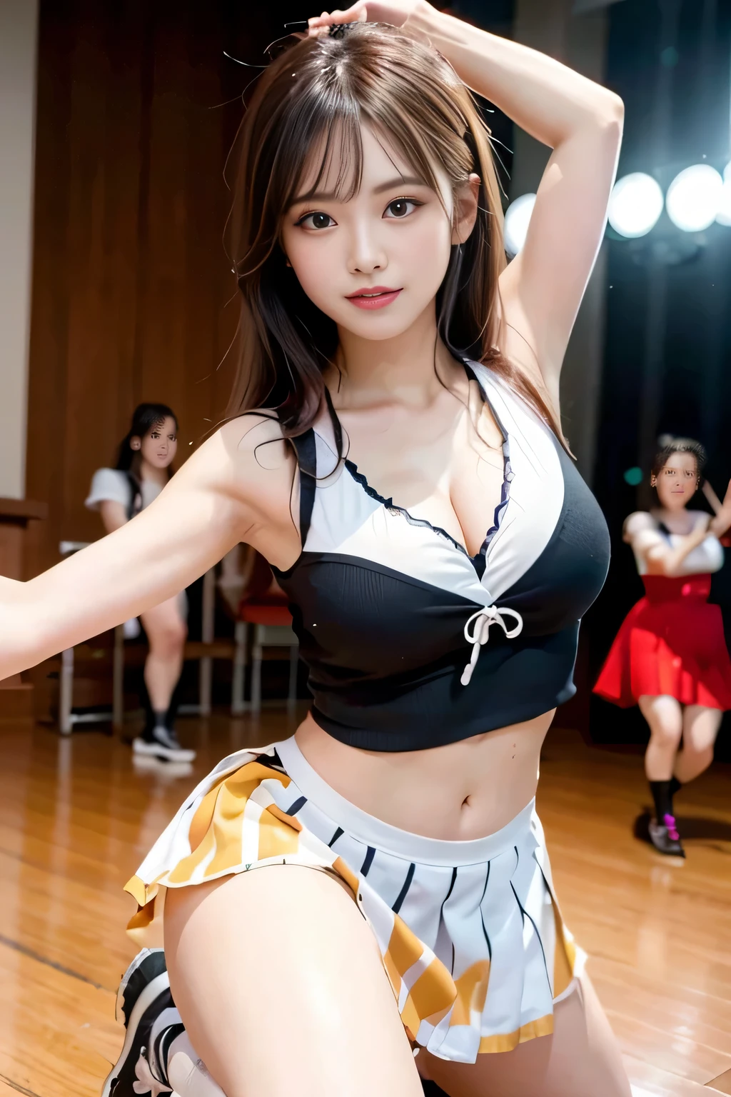 Idol,With a round face,A smile that makes people happy,Classroom wall and window on background,(((Intense dance motion:1.3))),(Let&#39;s spread our hands and dance rhythmically:1.3),(((Dance that emphasizes breasts:1.3))),(stand up and put one knee up:1.3),Add motion blur effects to simulate motion,(Dynamic and sexy dance poses),(lean forward:1.3),((( sailor suit))),big and full breasts,Disturbance of clothing due to movement,(Skirt rises with dance movements:1.3),Short wavy hair with shiny silver and orange stripes,messy hair,floating hair,look at the audience,(professional lighting),(In 8K,table top,highest quality,Ultra high resolution output image,),(intricate details,),(Image mode to Ultra HD),beautiful hands,beautiful fingers,Detailed functions of fingers,Detailed features of the garment,Detailed characteristics of hair,detailed facial features,