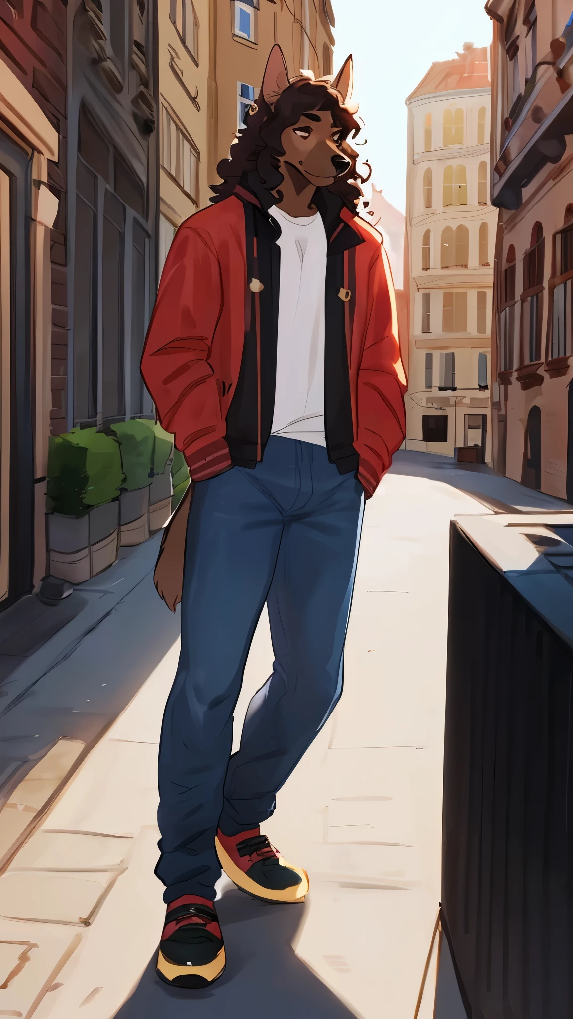 By bebebebebe, by lostgoose, by goonie-san, solo, male, canine, ((snout, hair)), standing, belgian malinois, wavy hair, italian city, jacket, shirt, jeans, gucci