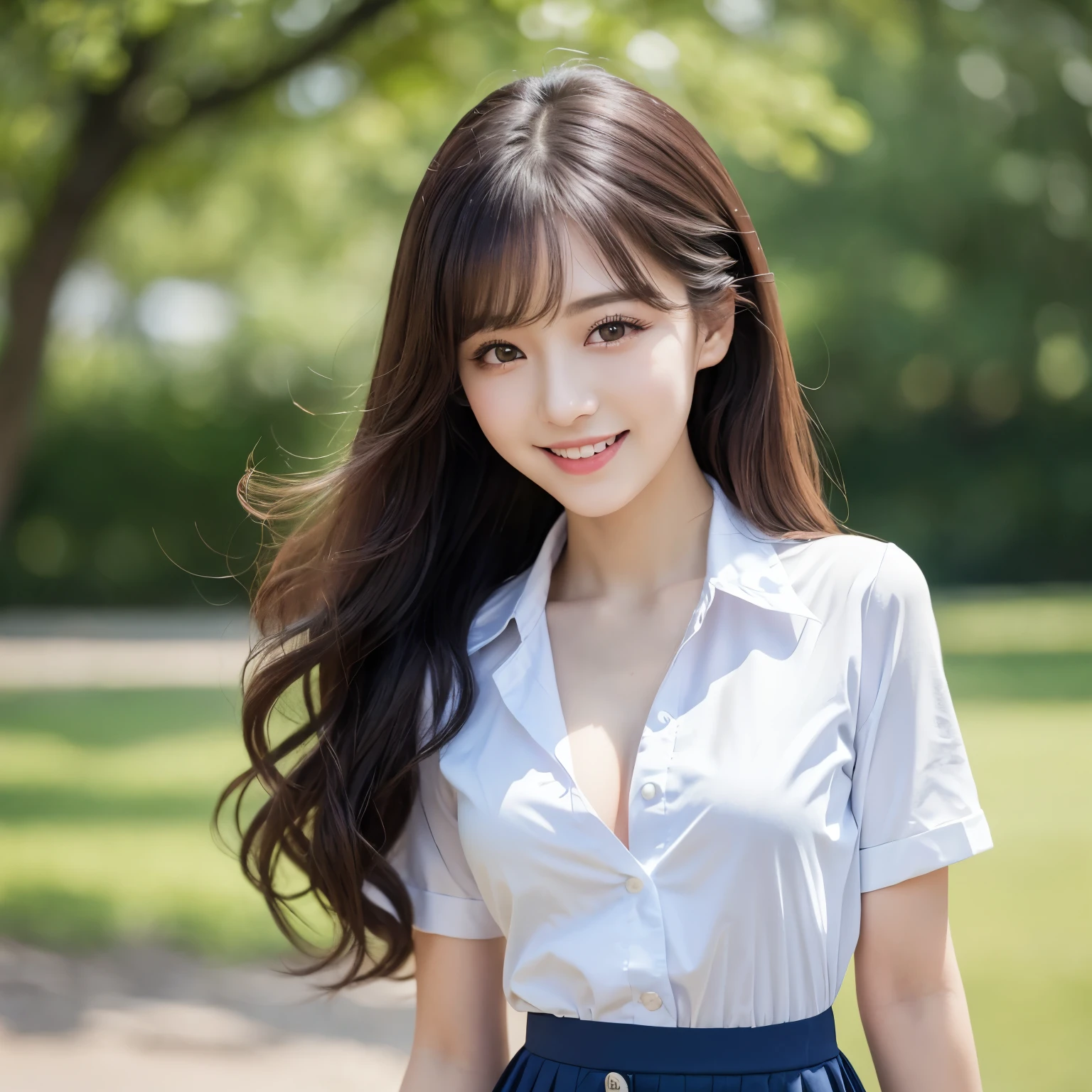 (highest quality、table top、8k、best image quality、Award-winning work)、1 beautiful 、alone、perfect beautiful composition、(polyester uniform shirt:1.1)、(Unbutton all the buttons on your shirt to completely expose your chest:1.3)、(very small naked breasts exposed:1.3)、(expose small flat chest:1.3)、(expose flat cleavage:1.3)、pleated skirt、(The most natural and perfect twintails:1.1)、(Thick wave twintails:1.1)、slender body、the best smile when you look at me、(strongly blurred park background:1.1)、natural makeup、Ultra high definition beauty face、ultra high definition hair、Super high-definition sparkling eyes、(Pure white skin shining in ultra-high resolution:1.1)、Super high resolution glossy lips、accurate anatomy、ultra high definition hair、(very bright:1.1)、(close up of face:1.3)