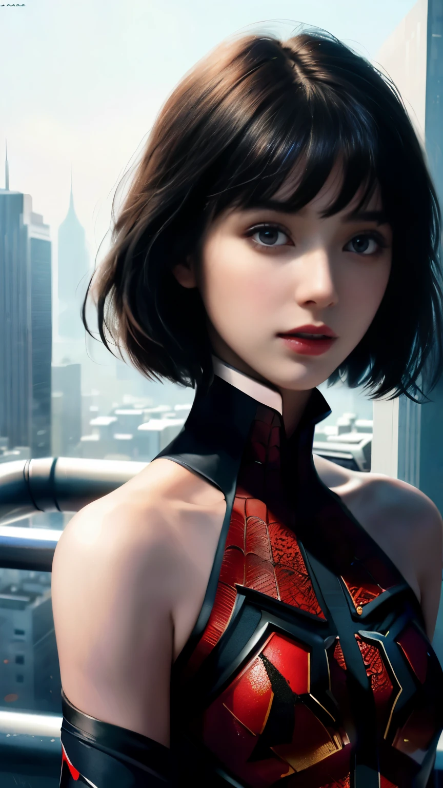 25 years old woman,(1girl:1.3), Solo, (((Very detailed face)))), ((Very detailed eyes and face)))), Beautiful detail eyes, Body parts__, Official art, Unified 8k wallpaper, Super detailed, beautiful and beautiful, beautiful, masterpiece, best quality, original, masterpiece, super fine photo, best quality, super high resolution, realistic realism, sunlight, full body portrait, amazing beauty, dynamic pose, delicate face, vibrant eyes, (from the front), She wears Spider-Man suit, red and black color scheme, spider, very detailed city roof background, rooftop, overlooking the city, detailed face, detailed complex busy background, messy, gorgeous, milky white, highly detailed skin, realistic skin details, visible pores, clear focus, volumetric fog, 8k uhd, DSLR, high quality, film grain, fair skin, photo realism, lomography, futuristic dystopian megalopolis, translucent,,cool beauty,tall girl,short cut hair,Black hair,Precisely expresses details such as face and skin texture,beautiful eye, double eyelid,delicate skin,slender body shape,alone,small breasts,whole body ,