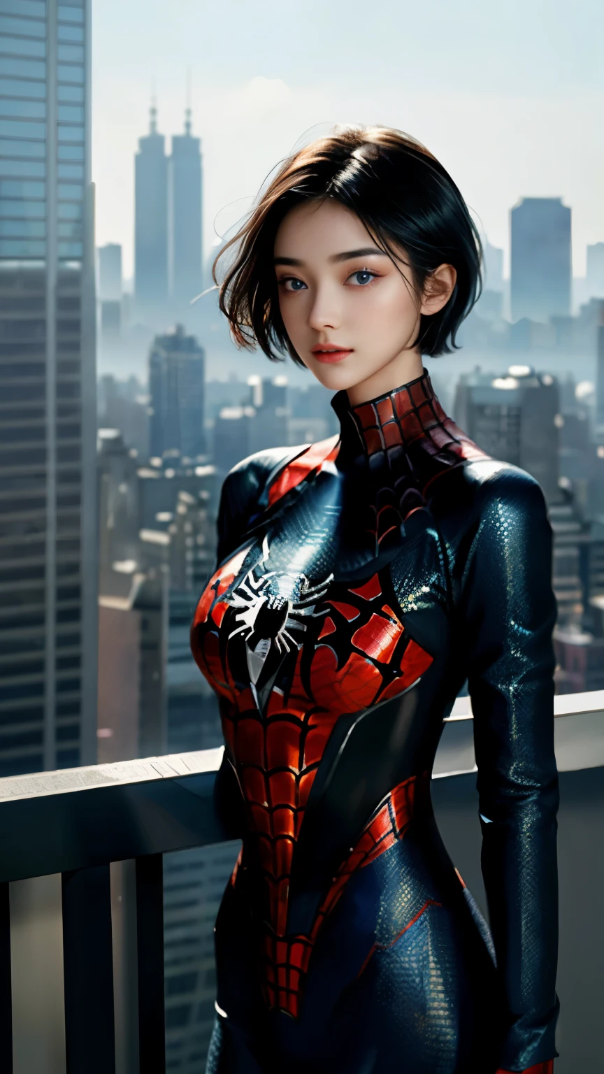 25 years old woman,(1girl:1.3), Solo, (((Very detailed face)))), ((Very detailed eyes and face)))), Beautiful detail eyes, Body parts__, Official art, Unified 8k wallpaper, Super detailed, beautiful and beautiful, beautiful, masterpiece, best quality, original, masterpiece, super fine photo, best quality, super high resolution, realistic realism, sunlight, full body portrait, amazing beauty, dynamic pose, delicate face, vibrant eyes, (from the front), She wears Spider-Man suit, red and black color scheme, spider, very detailed city roof background, rooftop, overlooking the city, detailed face, detailed complex busy background, messy, gorgeous, milky white, highly detailed skin, realistic skin details, visible pores, clear focus, volumetric fog, 8k uhd, DSLR, high quality, film grain, fair skin, photo realism, lomography, futuristic dystopian megalopolis, translucent,,cool beauty,tall girl,short cut hair,Black hair,Precisely expresses details such as face and skin texture,beautiful eye, double eyelid,delicate skin,slender body shape,alone,big breasts,whole body ,