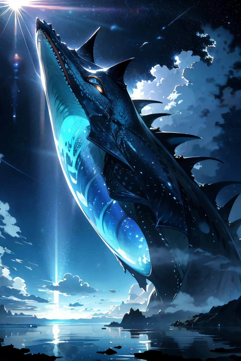 Ultra-realistic 8K CG masterpiece, best quality presentation, Silhouette of a massive underwater Leviathan, captured from the vast expanse of space. The image presents an intricately detailed Leviathan, its colossal form casting an ominous shadow against the shimmering cerulean waters below. Delicate patterns and complicated details adorn the Leviathan's imposing silhouette, with its vast scales glistening in the sunlight. The expanse of water surrounding it holds a mesmerizing allure, filled with a mirror-like reflection that magnifies the Leviathan's grandeur. The overall scene is breathtakingly beautiful, as rays