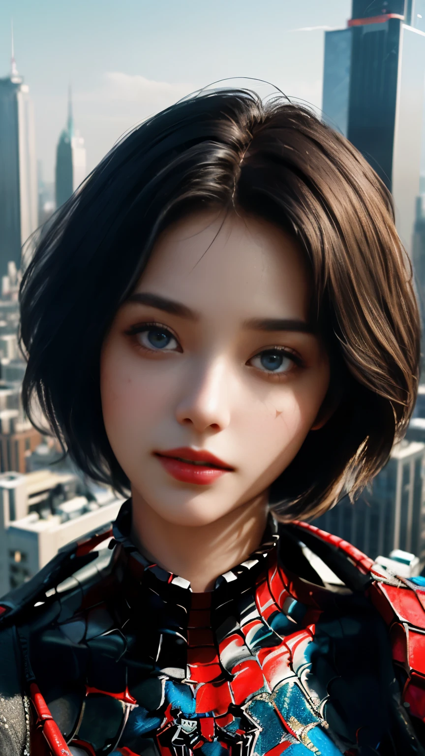 25 years old woman,(1girl:1.3), Solo, (((Very detailed face)))), ((Very detailed eyes and face)))), Beautiful detail eyes, Body parts__, Official art, Unified 8k wallpaper, Super detailed, beautiful and beautiful, beautiful, masterpiece, best quality, original, masterpiece, super fine photo, best quality, super high resolution, realistic realism, sunlight, full body portrait, amazing beauty, dynamic pose, delicate face, vibrant eyes, (from the front), She wears Spider-Man suit, red and black color scheme, spider, very detailed city roof background, rooftop, overlooking the city, detailed face, detailed complex busy background, messy, gorgeous, milky white, highly detailed skin, realistic skin details, visible pores, clear focus, volumetric fog, 8k uhd, DSLR, high quality, film grain, fair skin, photo realism, lomography, futuristic dystopian megalopolis, translucent,,cool beauty,tall girl,short cut hair,Black hair,Precisely expresses details such as face and skin texture,beautiful