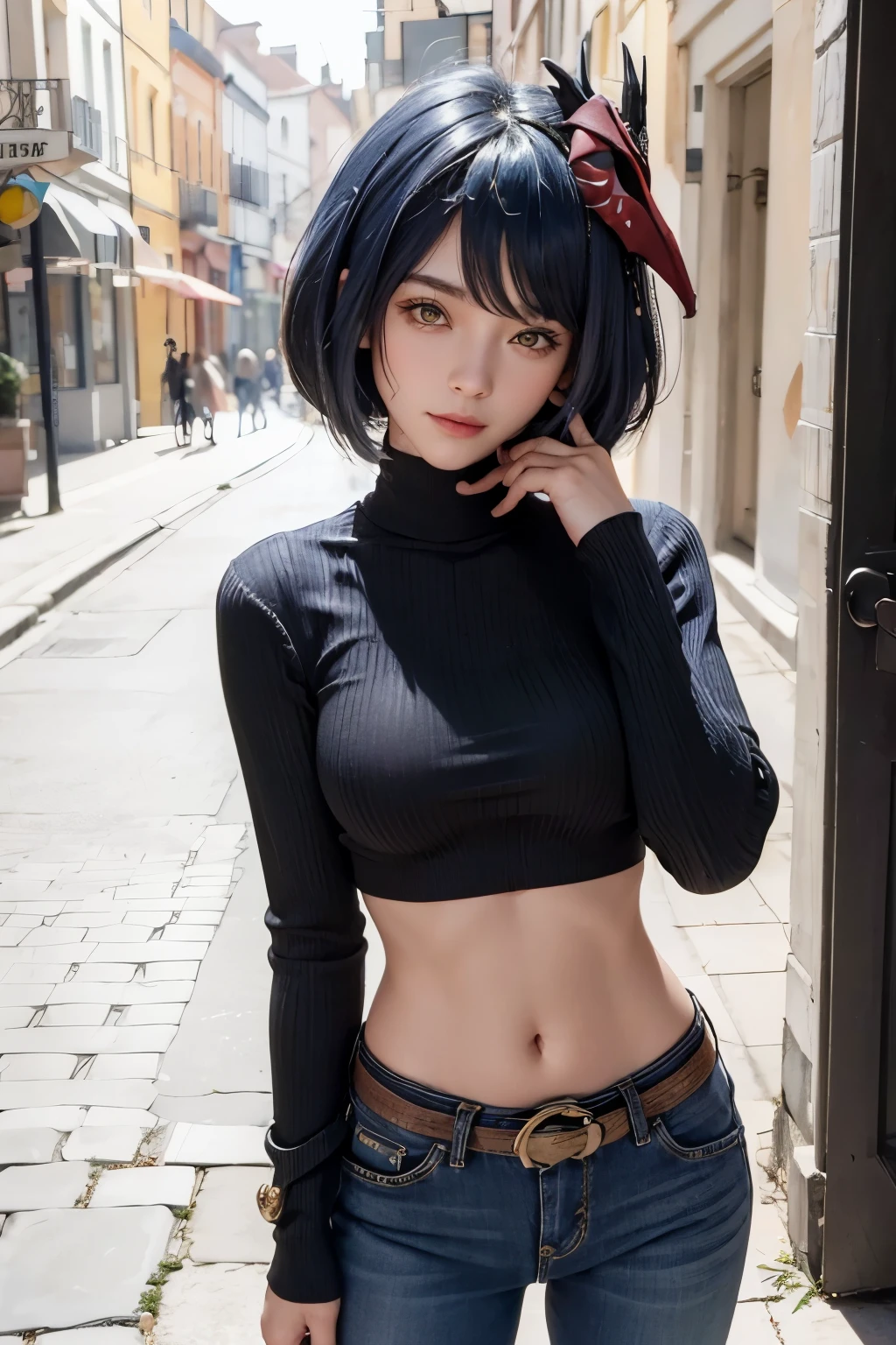 (long sleeved sweater, long jeans, iron belt), ((midriff, navel)), looking at viewer, italian town road, smile, standing, (drinking espresso cup), ((cinematic lighting, masterpiece, anatomically correct, detailed textured skin, high details, highres, HD, 4K, 8k)), (kujou sara:1.3, mask on head, blue hair, short hair, yellow eyes)