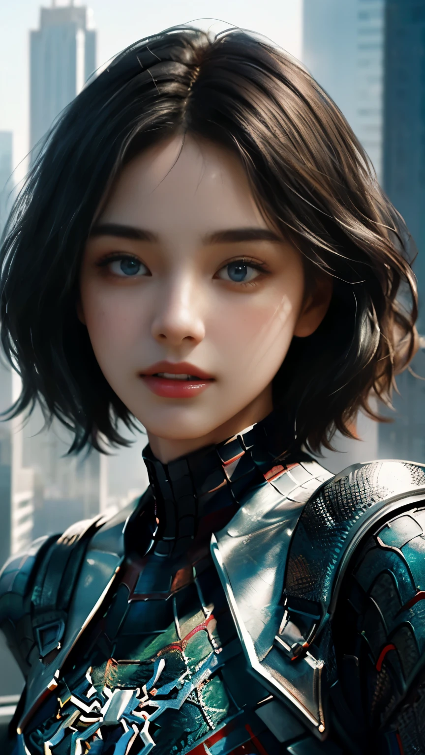 25 years old woman,(1girl:1.3), Solo, (((Very detailed face)))), ((Very detailed eyes and face)))), Beautiful detail eyes, Body parts__, Official art, Unified 8k wallpaper, Super detailed, beautiful and beautiful, beautiful, masterpiece, best quality, original, masterpiece, super fine photo, best quality, super high resolution, realistic realism, sunlight, full body portrait, amazing beauty, dynamic pose, delicate face, vibrant eyes, (from the front), She wears Spider-Man suit, red and black color scheme, spider, very detailed city roof background, rooftop, overlooking the city, detailed face, detailed complex busy background, messy, gorgeous, milky white, highly detailed skin, realistic skin details, visible pores, clear focus, volumetric fog, 8k uhd, DSLR, high quality, film grain, fair skin, photo realism, lomography, futuristic dystopian megalopolis, translucent,,cool beauty,tall girl,short cut hair,Black hair,Precisely expresses details such as face and skin texture,beautiful