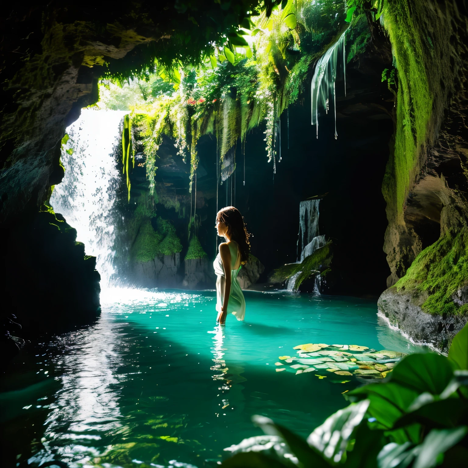 The entrance to the cave is surrounded by bright greenery., and the waterfall plunges into the pure, turquoise pool. Woman with brown hair stands under a waterfall, her silhouette is visible through the rushing water, with a serene expression on his face, full face