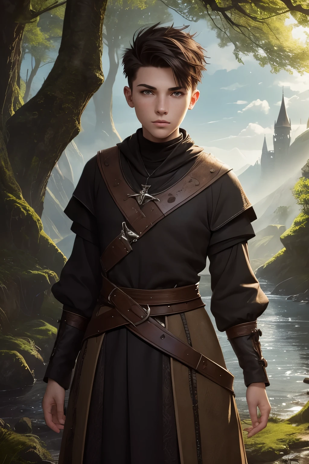 A young androgynous woman with a undercut. Kind. Friendly. Tomboyish. Happy. Skinny. Very short manly haircut. Dark-brown hair. Sides shaved, undercut. Very pale skin with freckles and liverspots. A soft round face with freckles and liverspots. Upturned dark-brown eyes. Very thin and barley visible eyebrows. A long and wide nose. Wide curved lips. Round chin. Slim body. . Wide hips. Thick legs. Used dirty medieval clothing of a lonley priest and wanderer. Beautiful bright fantasy landscape in the background with shiny forest and rivers.