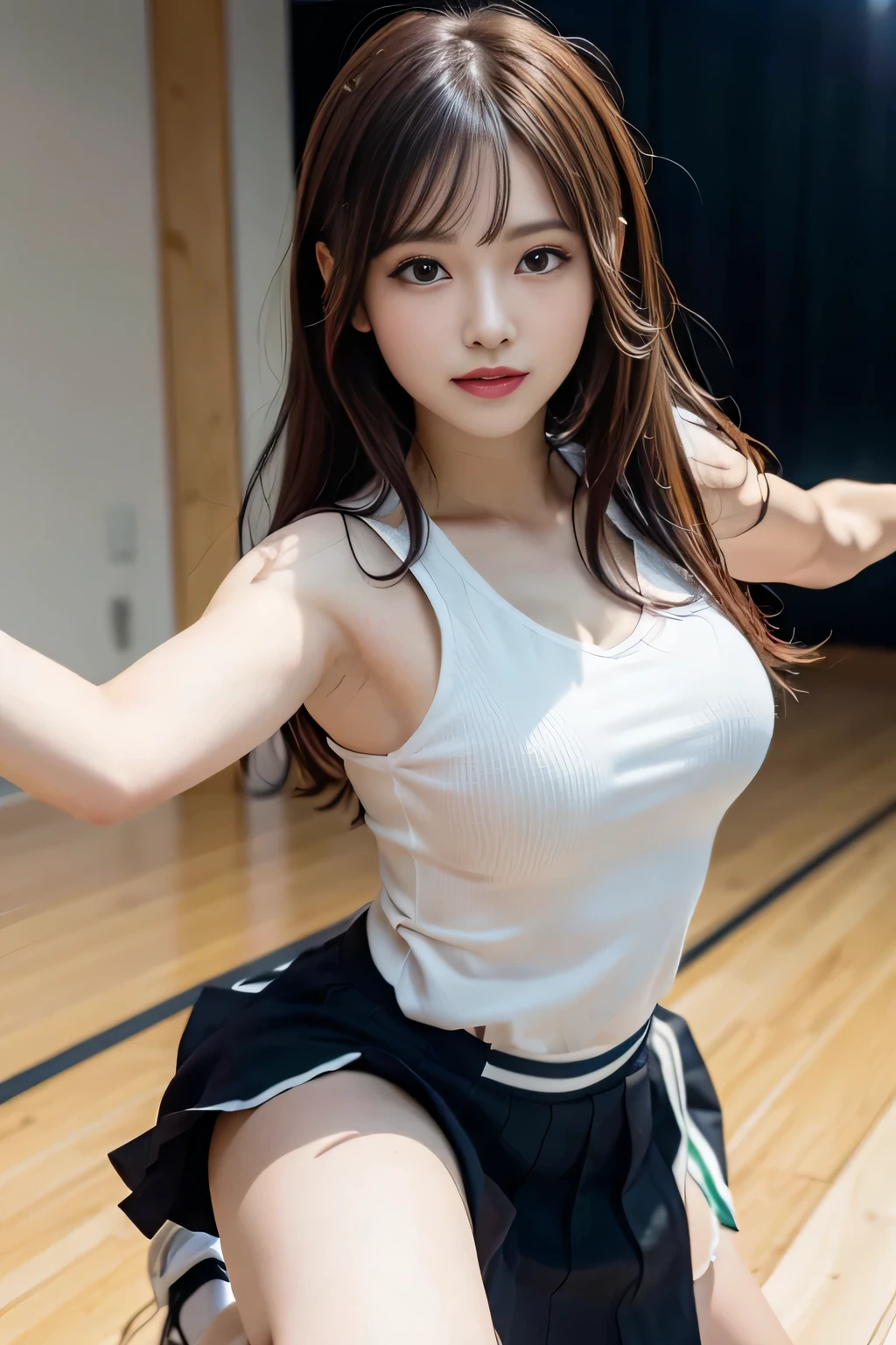 Idol,With a round face,A smile that makes people happy,Classroom wall and window on background,(((Intense dance motion:1.3))),(Let&#39;s spread our hands and dance rhythmically:1.3),(((Dance that emphasizes breasts:1.3))),(stand up and put one knee up:1.3),Add motion blur effects to simulate motion,(Dynamic and sexy dance poses),(lean forward:1.3),((( sailor suit))),big and full breasts,Disturbance of clothing due to movement,(Skirt rises with dance movements:1.3),Short wavy hair with shiny silver and orange stripes,messy hair,floating hair,look at the audience,(professional lighting),(In 8K,table top,highest quality,Ultra high resolution output image,),(intricate details,),(Image mode to Ultra HD),beautiful hands,beautiful fingers,Detailed functions of fingers,Detailed features of the garment,Detailed characteristics of hair,detailed facial features,