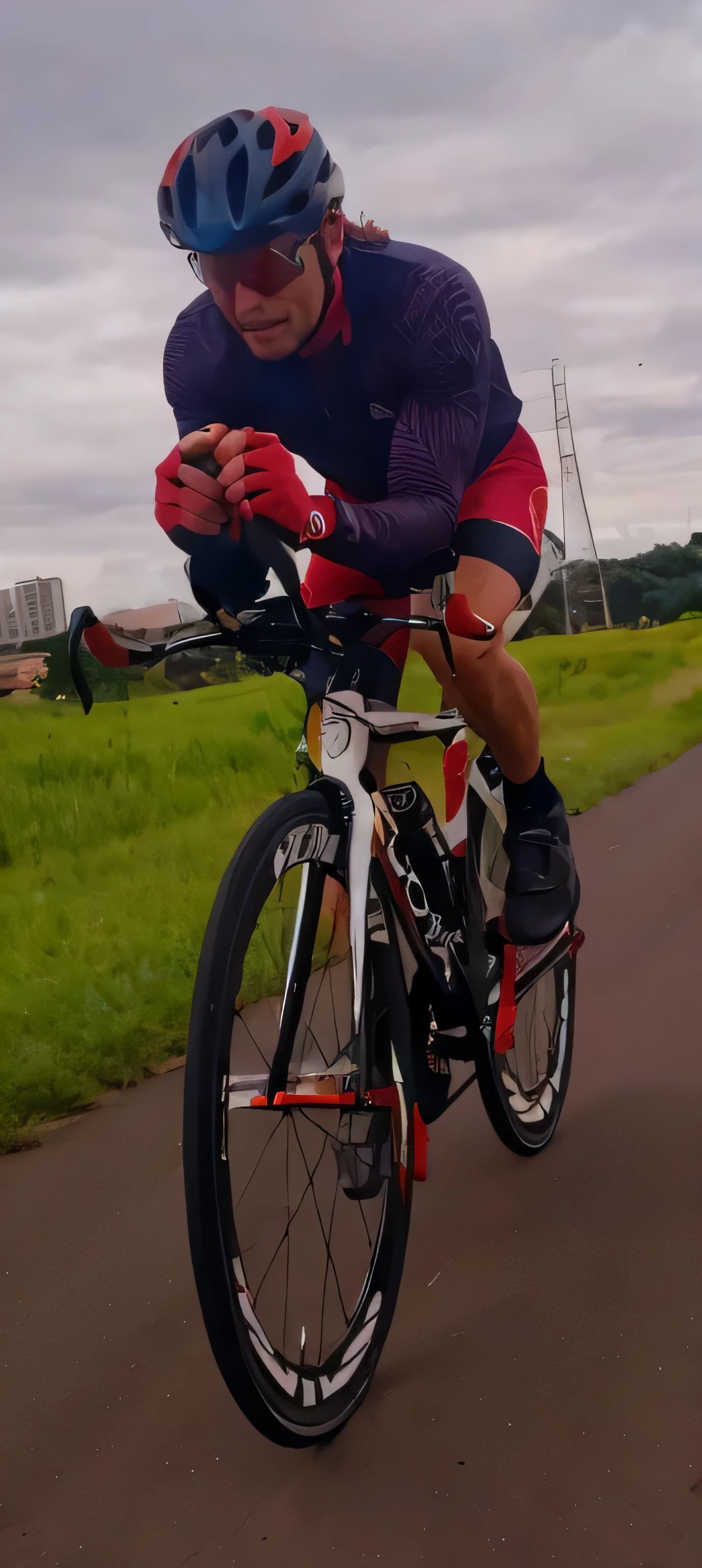 ((8k)) Imagem de melhor qualidade, There is a man riding a bicycle on a road with a helmet, Ciclismo!!, detalhes intensos, foto frontal, filmado em gopro9, icaro carvalho, frente, album photo, 🕹️ 😎 🚬, plano geral, wide angle dynamic action photo, por Matt Stewart, foto tirada com provia.
