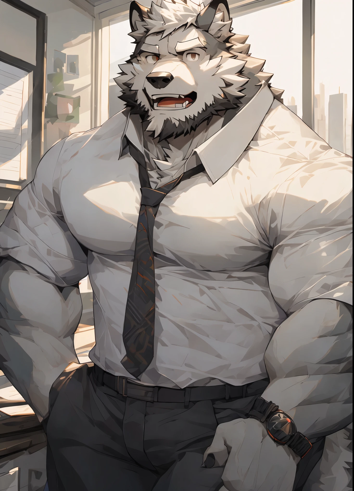 （masterpiece），（Very detailed），（best quality），alone，hairy，Wolf，gray fur，white hair，black beard，muscular，Strong body，White shirt，Open，Office background，（（high quality））