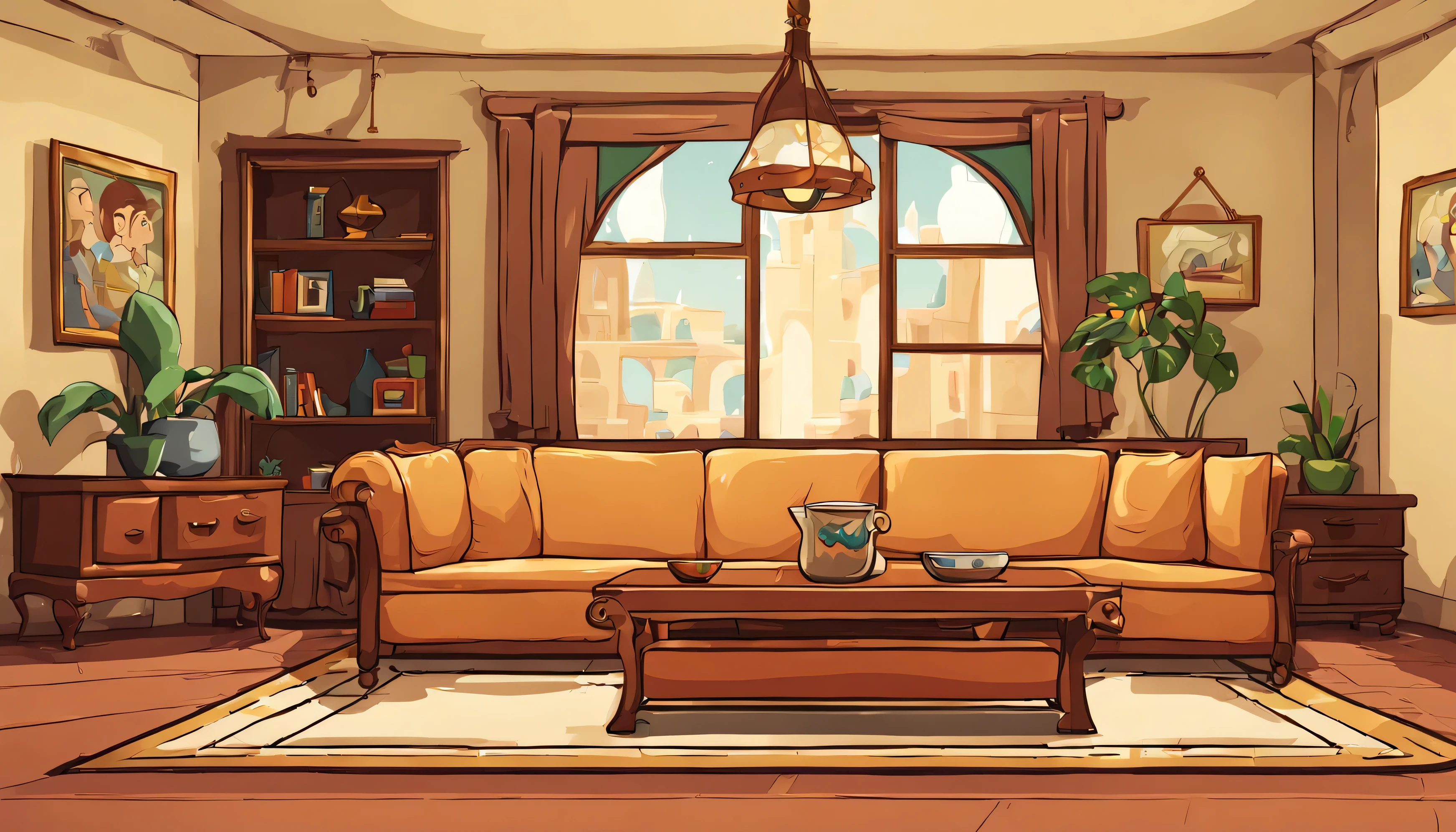 A cartoon room with furniture and a coffee table. The style of the furniture is Arabian, in THE FAMILY GUY style, minimalist, wide angle, front view