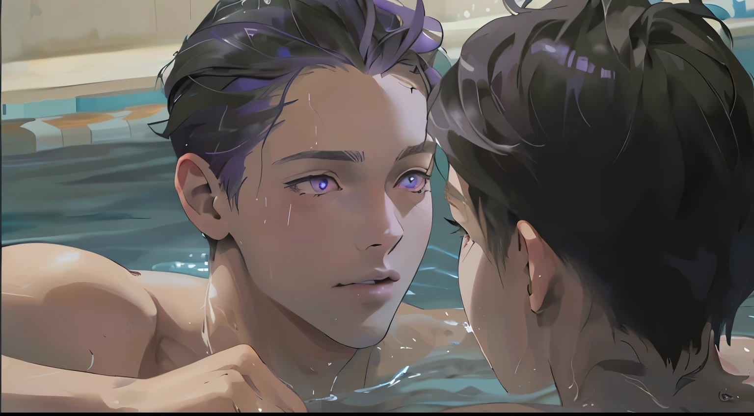There are two 16-year-old boys in the pool, one in front of the other, one has violet hair and violet eyes, the other is on his back and has silver hair.