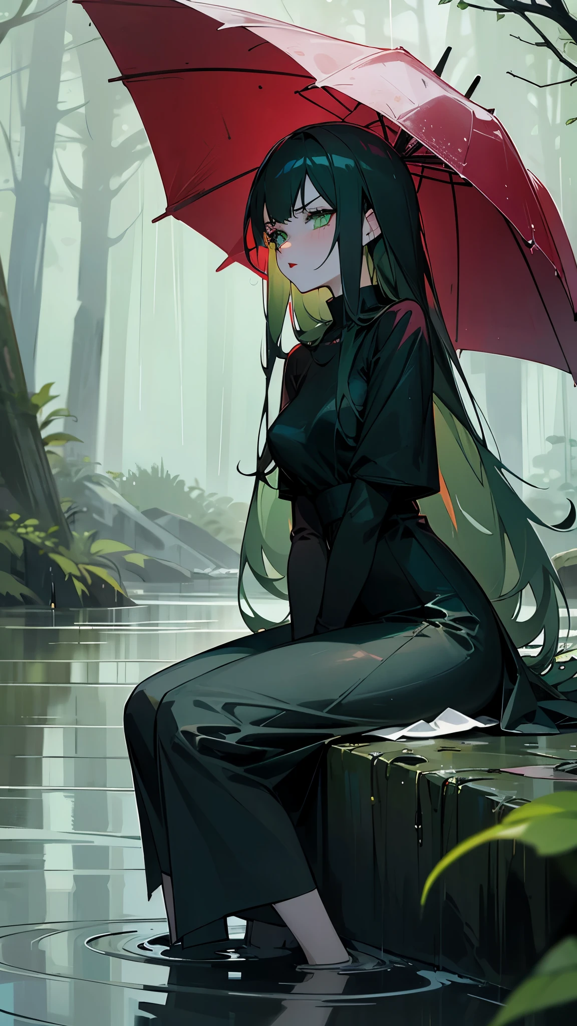 Cute anime girl, big green eyes, sexy black dress, red lips, pale skin, angry face, in the rain, long hair blue, wet clothes, wet hair, in a forest, sitting on a rock, looking at a river