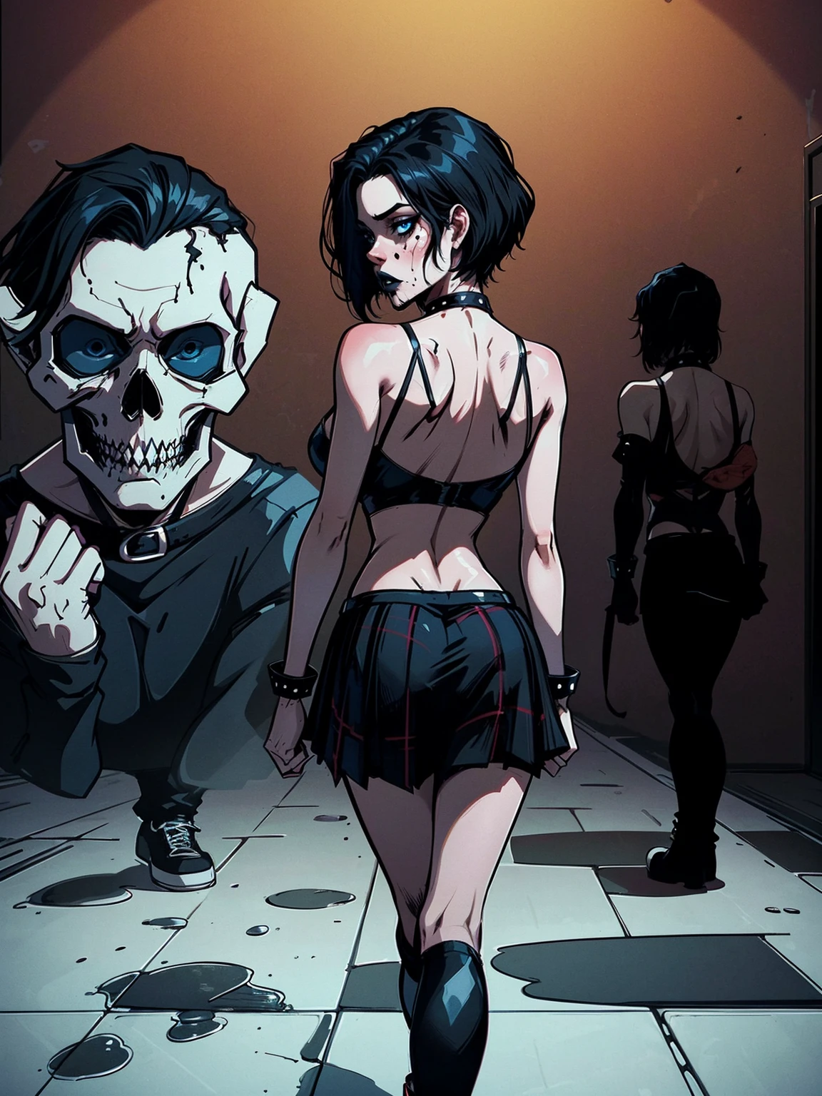 a woman with short black hair, hair on shoulders, wearing a black cropped and plaid skirt, blue eyes, zombie art, gothic art, cute aesthetic with vibe, toon aesthetic, wearing red costume, wearing gothic accessories, look like Cassie Hack, upper body, walking on the floor, backwards, looking back, holdilng a skull in her hands, , horror background
