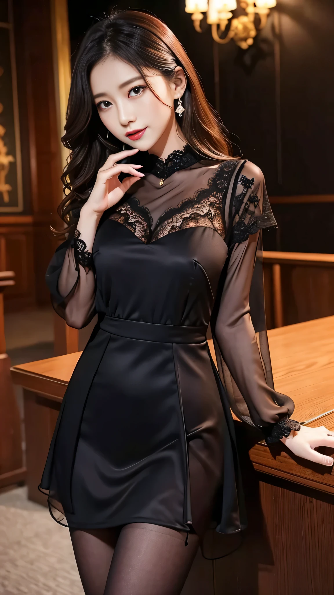 Super detailed、Japanese、charming beauty、seductive adult woman、Beautiful woman、sharp eyes、cool girl、wavy hair、suit、Black chiffon、lace fabric、wide sleeve、wearing a lace insert dress、white blouse、Tight Skirt、flesh colored pantyhose、Lustrous legs、evilの幹部、evil depravity、brainwashing、Mind control、lipstick、grin、evilな表情、evil、empty eyes、evil、church at night、reach out your hand
