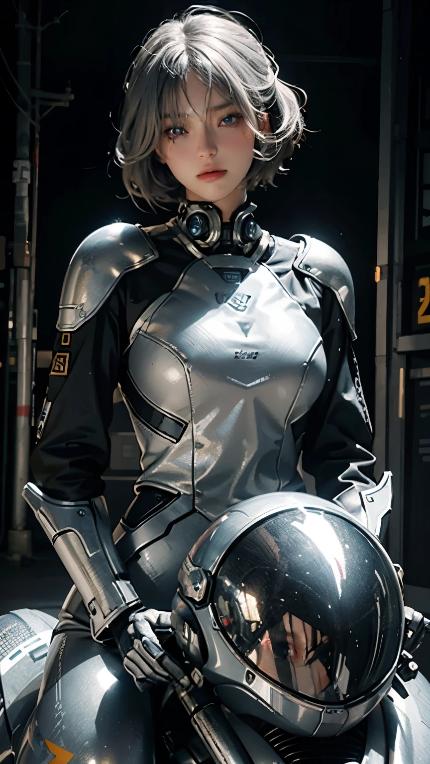 30 year old woman,Highest image quality, outstanding details, ultra-high resolution, (realism: 1.4), the best illustration, favor details, highly condensed 1girl, with a delicate and beautiful face, dressed in a black and silver mecha, wearing a mecha helmet, holding a directional controller, riding on a motorcycle, cool beauty,tall girl,short cut hair, silver hair,Precisely expresses details such as face and skin texture,beautiful eye, blue eye,double eyelid,delicate skin,slender body shape,alone,the background is a high-tech lighting scene of the future city.