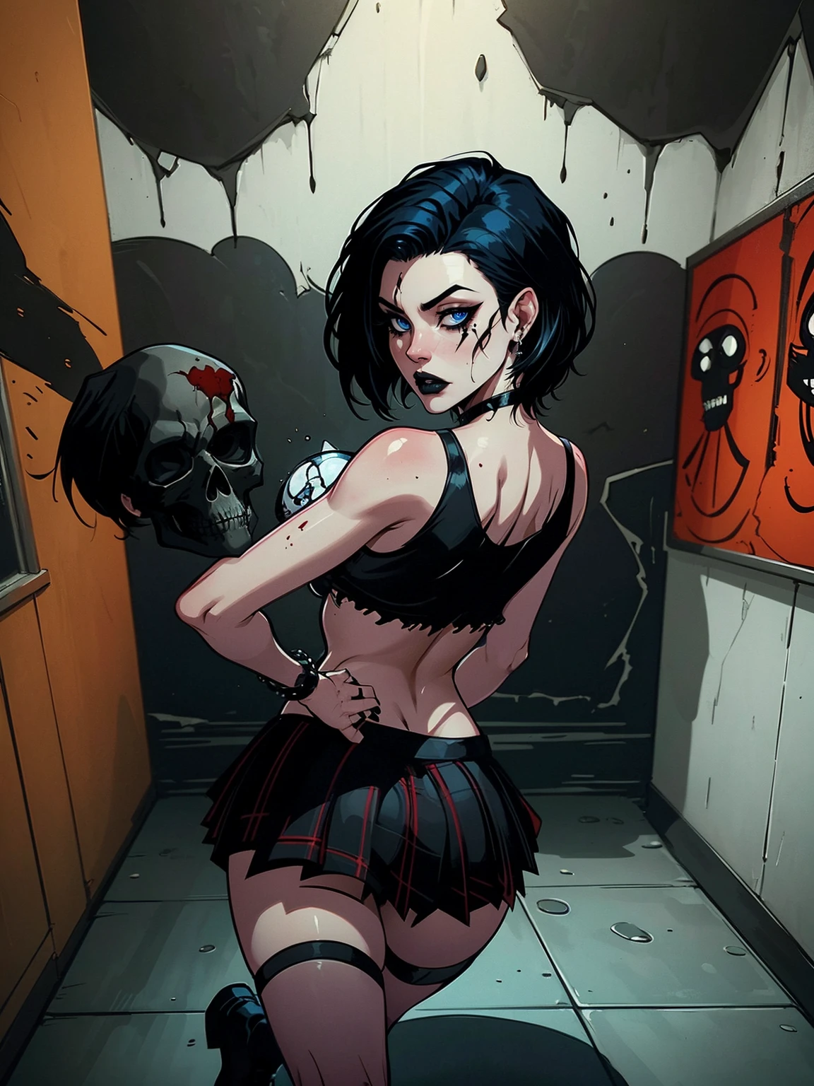 a woman with short black hair, hair on shoulders, wearing a black cropped and plaid skirt, blue eyes, zombie art, gothic art, cute aesthetic with vibe, toon aesthetic, wearing red costume, wearing gothic accessories, look like Cassie Hack, upper body, walking on the floor, backwards, looking back, holdilng a skull in her hands, , horror background