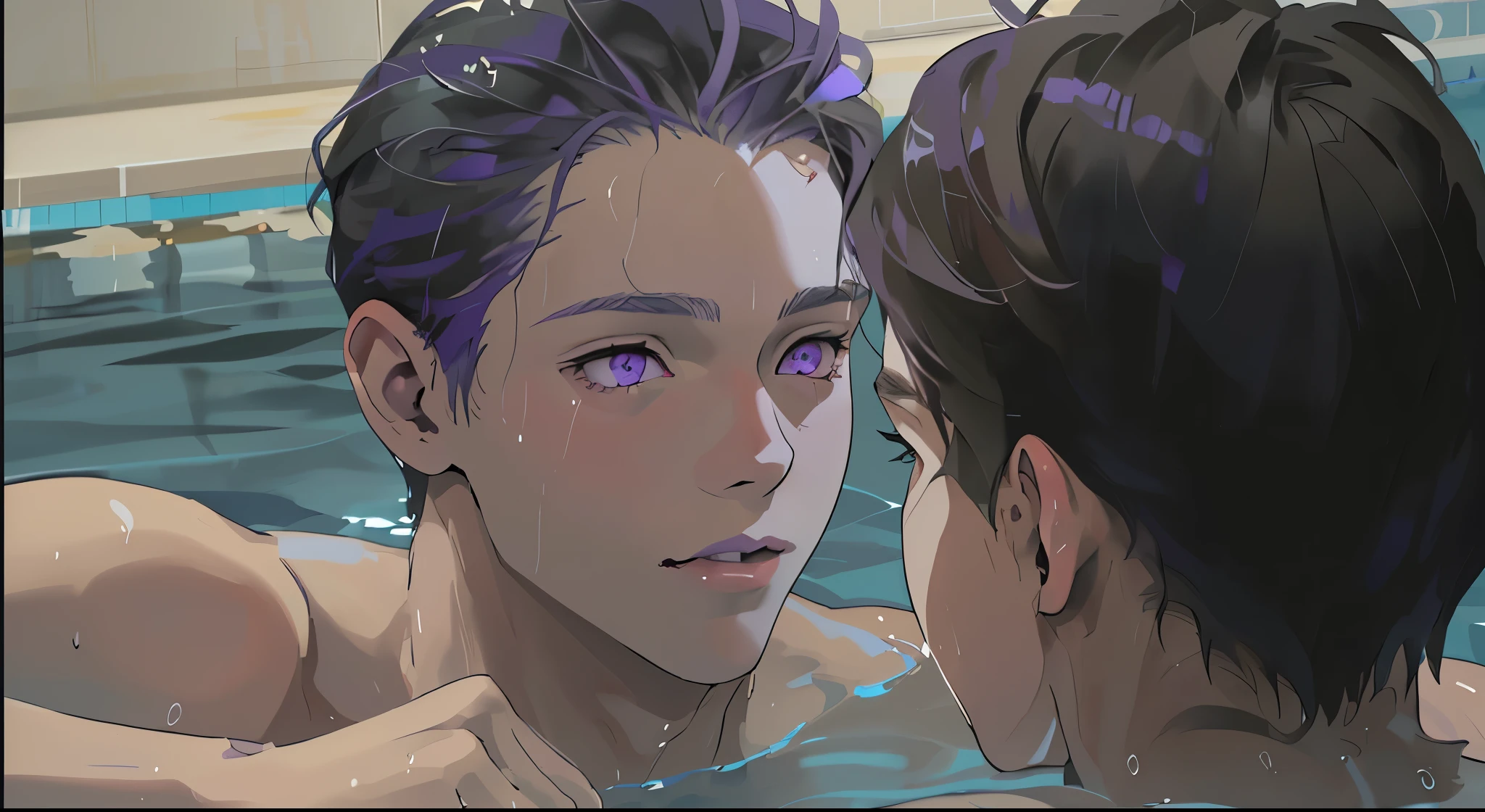 There are two 16-year-old boys in the pool, one in front of the other, one has violet hair and violet eyes, the other is on his back and has silver hair.