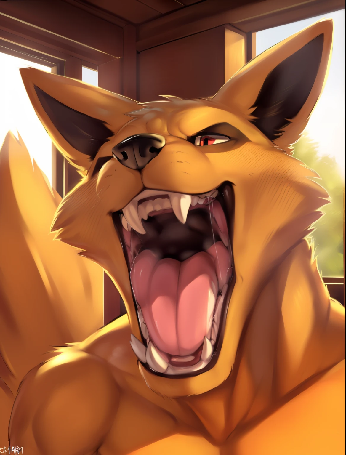 detailed background, depth of field,, slim, perfect anatomy, (best quality, ultra detailed, sharp:1.3), masterpiece, 8k, 4k, seductive, natural lighting, beautiful face, nsfw, by zackary911, (detailed fur), naughty face, extremely detailed fur, muscular male, (chunie), (seibear), (juiceps), detailed eyes, zaush, darkness, yellow pupils, ((zackary911)), (wide open mouth), ((marco fox)), ((zackary911)), ((detailed mouth)), tail, no fur, (maw shot), (maw close-up), detailed mouth, teeth, saliva, ((detailed mouth interior)), (soft vore), front view, (((mouth wide open))), maw focus, vore kurama, red pupils