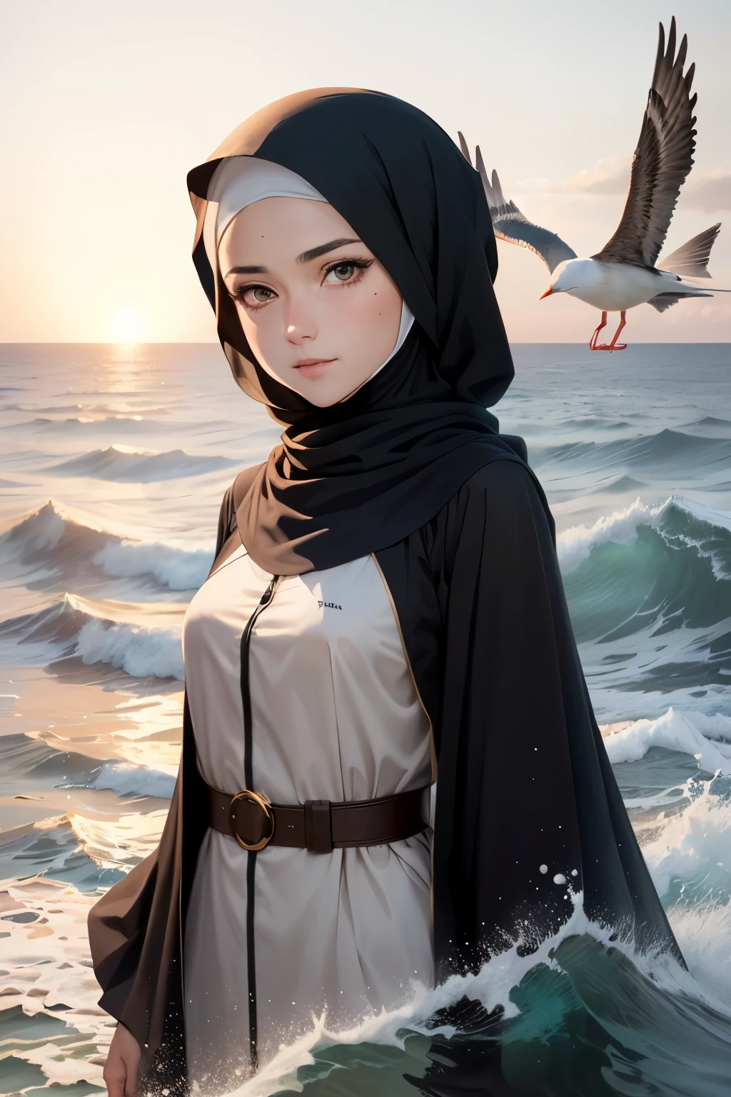 In the hairless Anime style of UFOTABLE studio with excessive details: Capture a portrait of a 24-year-old woman in a black Abaya and Khimar Hijab, her eyes displaying determination. Envelop her in an expansive ocean vista, with crashing waves and distant seagulls.((best quality)), ((masterpiece)), (detailed), perfect face
